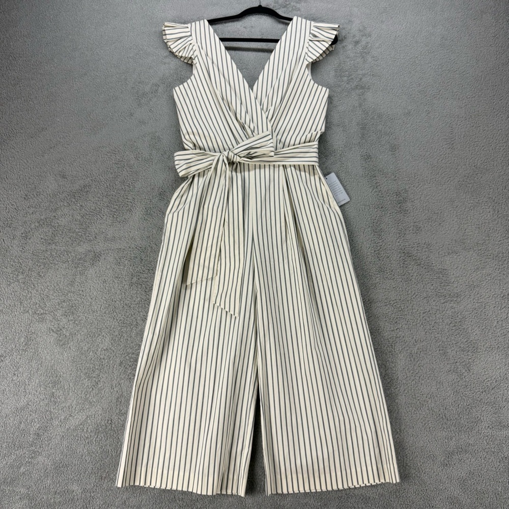 NWT 1901 White and Blue Pinstripe Tie Waist Jumpsuit
